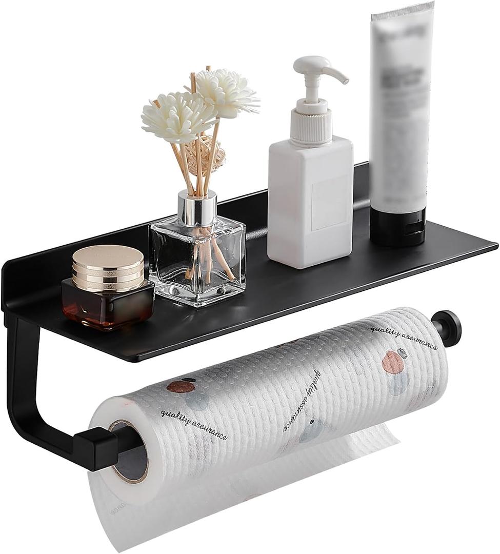 Danpoo Wall Mount Paper Towel Holder with Shelf for Bathroom/Kitchen, Adhesive Hand Towel Holder, Matte Black