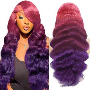 Purple Ombre 13x4 HD Lace Front Wig Human Hair Body Wave 3 Tone Pink to Purple Glueless Wigs Dark Pink Root Rainbow Colored Lace Frontal Wig 180% Density 26 Inch
