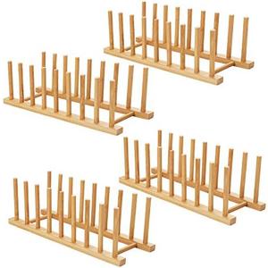 HBlife 4pcs Bamboo Dish Plate Bowl Cup Book Pot Lid Cutting Board Drying Rack Stand Drainer Storage Holder Organizer Kitchen Cabinet (Keep Dry)