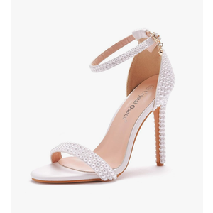 Crystal Queen Full Pearls Heels Sandals Stiletto Heels Peep Toe High Heel Sandals Pump Shoes For Bride Wedding Party Evening, Size 8.5