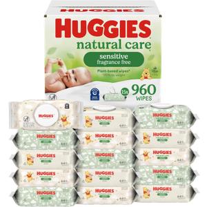 Huggies Natural Care Sensitive Baby Wipes, Unscented, Hypoallergenic, 99% Purified Water, 15 Flip-Top Packs (960 Wipes Total)