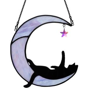 BOXCASA Black Cat Moon Suncatchers for Windows Hanging,Funny Stained Glass Cats Gift,Witchy Gifts for Women,Cats Themed Gifts for Women