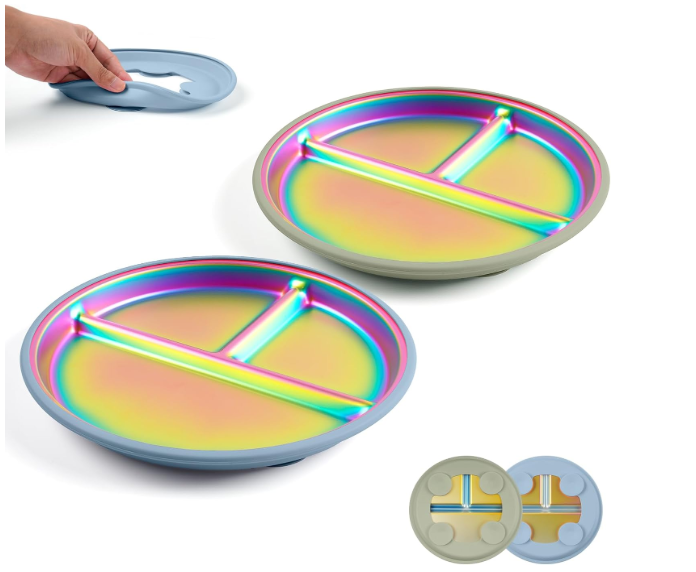 Goldusk Stainless Steel Baby Plates with Suction, 2pcs 9" Rainbow Kids Plates BPA-Free with Removable Food-Grade Silicone Base Baby Dishes Toddler Plates with Dividers, Blue & Green