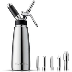 OSJCOOK Whipped Cream Dispenser Stainless Steel Cream Whipper Mirror Finish,500 mL/1 Pint Professional Cream Maker,5 Various Stainless Decorating Nozzles,1 Cleaning Brush,N2O Chargers NOT included (monolayer)