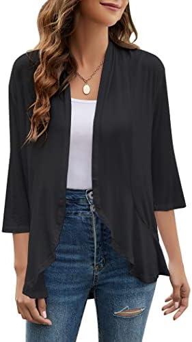 Yekaty Women Cardigan 3/4 Sleeves Open Front Lightweight Cardigan Draped Ruffles Knit Cardigan, L