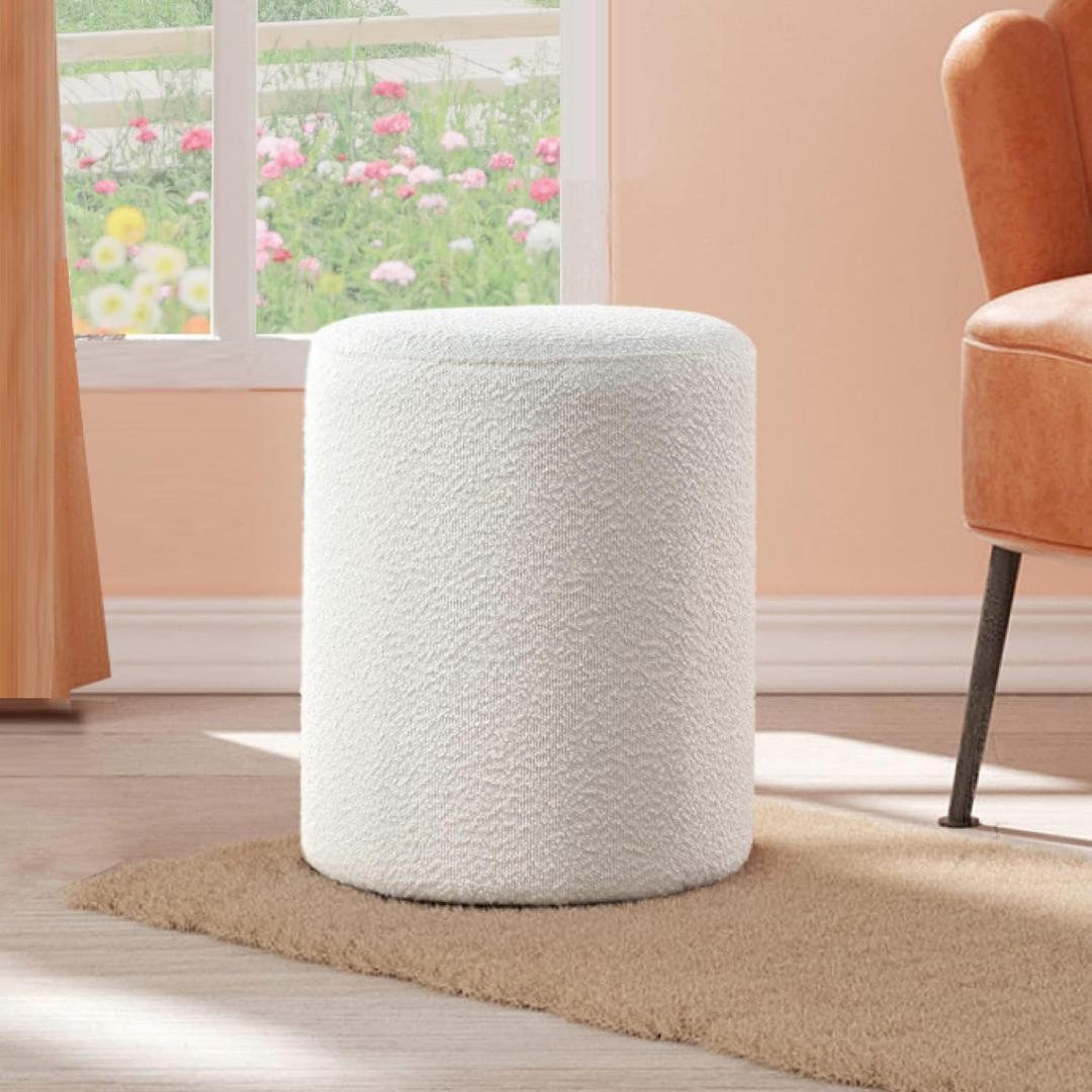 Get Set Style Modern Round Ottoman with Soft Padded Seat, Multifunctional Vanity Stool for Makeup, Upholstered Footrest Stool Ottoman Foot Stool for Living Room, Bedroom (White)