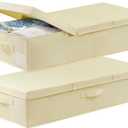 Large Underbed Storage Bags Organizer Container With Lids, Set of 2 Under Bed Storage Organizer Box With Handle, Fabric Under The Bed Storage Bins for Blanket Pillow Comforter & Quilt Wrapping Paper (Beige-2 Pack)