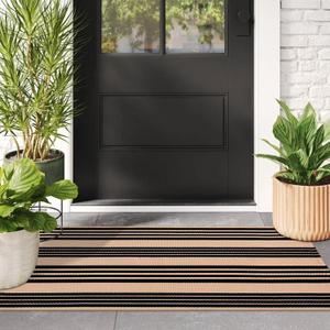 Black and Tan Striped Outdoor Rug, 2 x 4.3 Cotton Hand-Woven Reversible Front Porch Rug Washable Front Door Mat Entryway Rugs Welcome Layered Doormat Carpet for Patio Farmhouse Kitchen