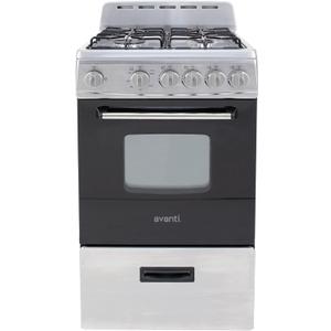 Avanti Gas Range Oven, Compact Freestanding Design, 4 Sealed Burners with Electronic Ignition, 2.1 Cu.Ft. Capacity Features Storage Drawer Broiler and Accessories, 20-Inch, Black