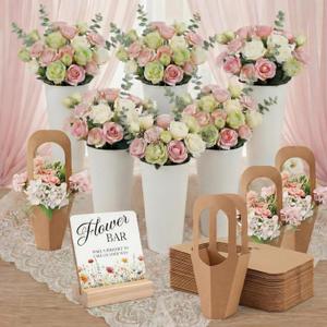 LemonRoad 57 Pcs Flower Bar Buckets Set Kit Include Kraft Flowers Bouquet Gift Bags Wrapping Sleeves, Plastic Flower Buckets Floral Sign for Bar Supplies Wedding Bridal Shower Table Decor, No Ribbons, Handheld