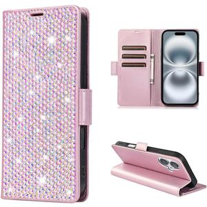 Compatible with iPhone 16 6.1" Bling Wallet Case with Credit Card Holder,Women Glitter Flip Phone Case Sparkle Rhinestone，RFID Blocking PU Leather Kickstand Shockproof Cover(Pink)