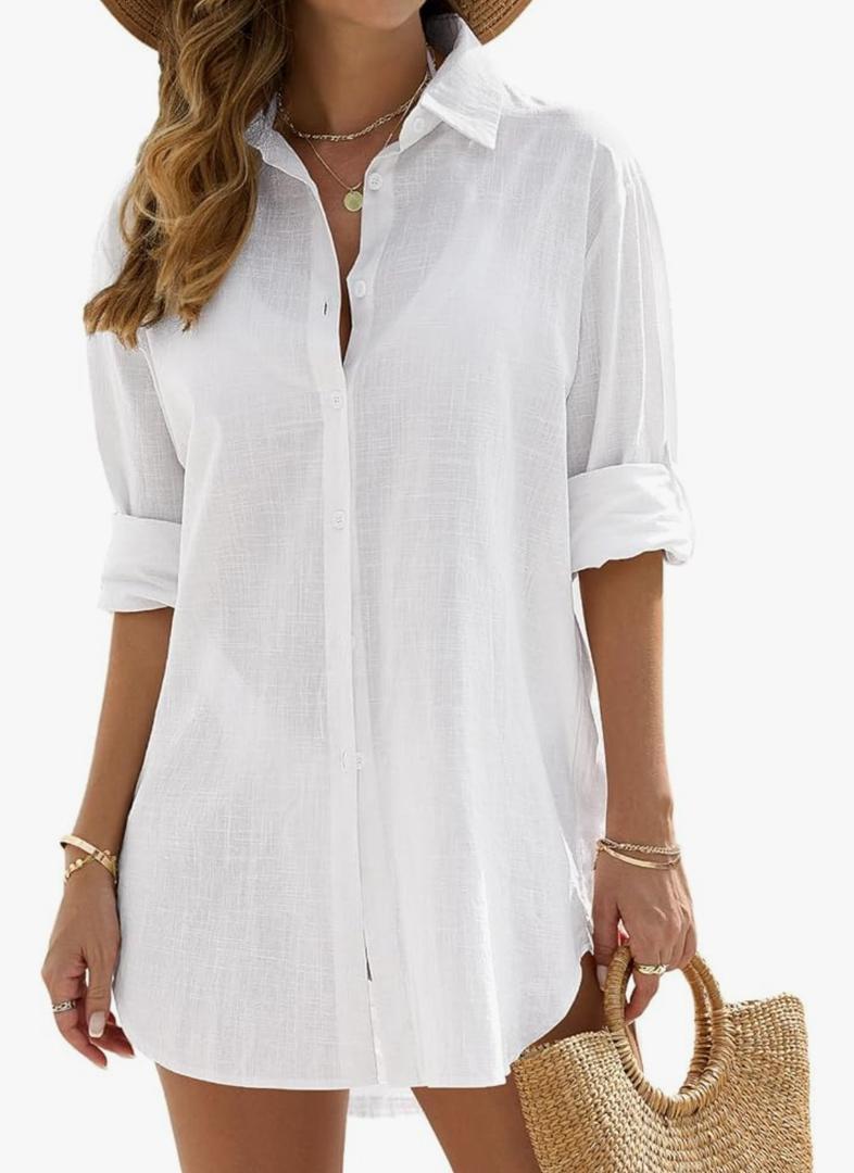 Swimsuit Coverup for Women Bathing Suit Cover Ups V Neck Button Down Beach Shirt Dress Bikini Swimwear Cover up Small, White 