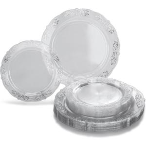 " OCCASIONS " 50 Plates Pack (25 Guests)-Vintage Wedding Party Disposable Plastic Plate Set -25 x 10.25'' Dinner + 25 x 7.5'' Salad/Dessert plates (Portofino in Clear & Silver)