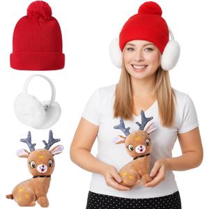 Shihanee 3 Pcs Winter Hat Ear Warmer and Deer Stuffed, Warm Knit Beanie Hat Foldable Ear Warmer Deer Plush Set Winter Gifts for Women