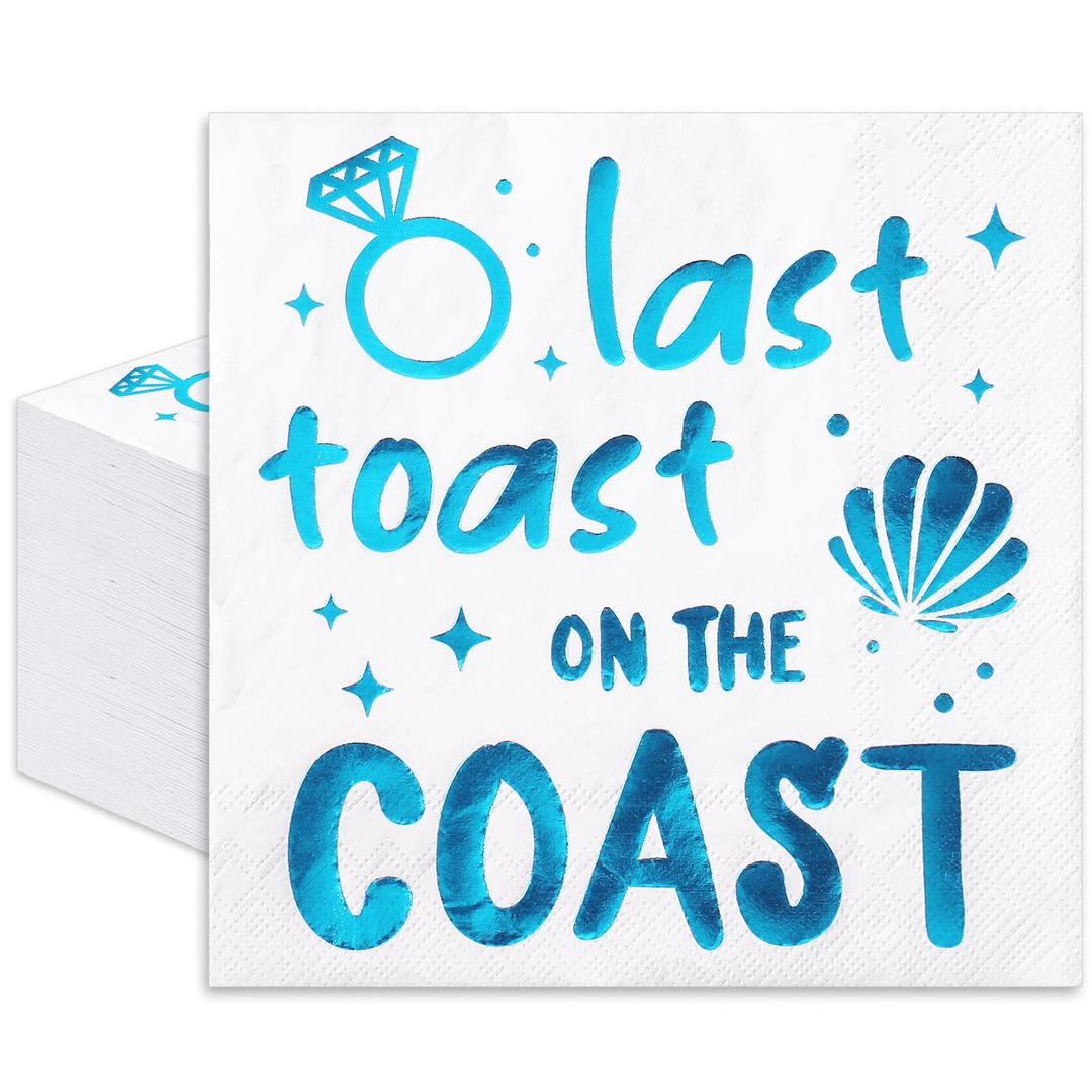 JarThenaAMCS 50 Pcs Last Toast on the Coast Cocktail Napkins Bachelorette Party Supplies Foil Blue Beach Bach Coastal Beverage Disposable Paper Napkins for Summer Bride Bachelorette Party Decorations