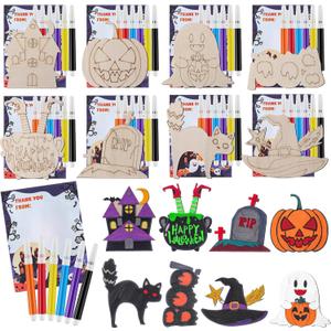 24 Pcs Halloween Wooden Painting Crafts Kit Thank You for Coming Gifts for Kid Pumpkin Skull Bat Ghost Blank Unfinished Wooden DIY Crafts Paint Halloween Party