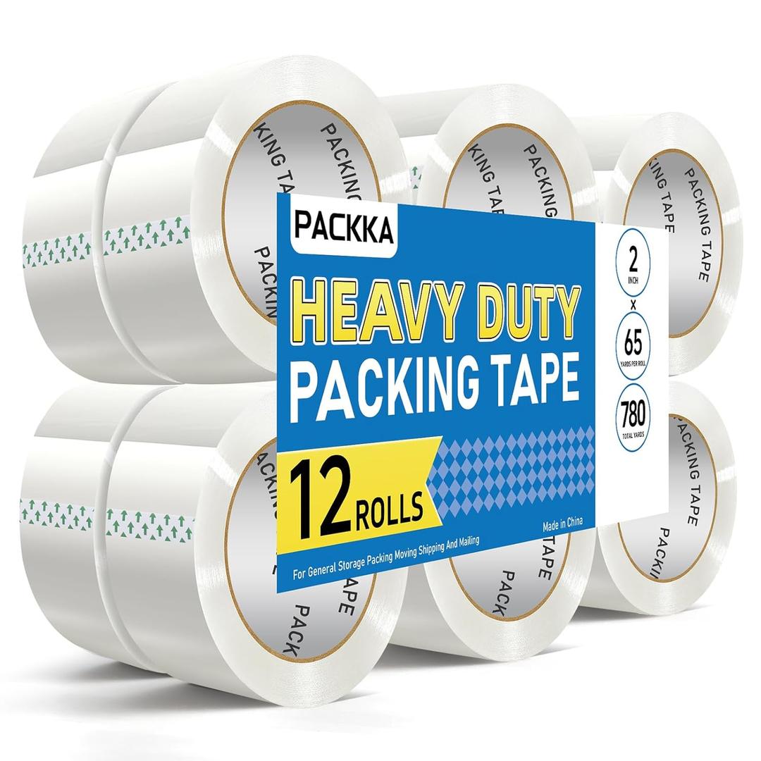 Clear Packing Tape, Heavy Duty Packaging Tape Refills 12 Rolls, 2 inch x 65 Yards, Shipping Tape Box Tape Mailing Tape for Shipping Packaging Moving Sealing and Storage