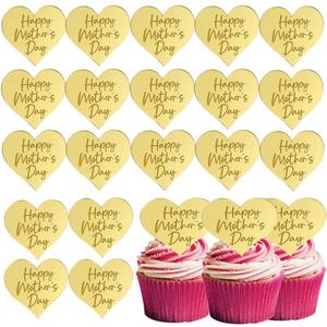 Happy Mothers Day Cupcake Topper, 25 Pcs Gold Acrylic Mirror Disc Heart-shaped Cake Engraved Cake Decorations (Plain)