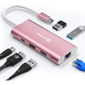 UtechSmart USB C Hub, Ethernet Multiport Adapter 6 in 1 USB C to HDMI Dock Compatible for MacBook Pro/Air, Chromebook, Dell XPS, HP and Type C Devices (Gigabit Ethernet 100W PD 4K HDMI USB 3.0) Pink