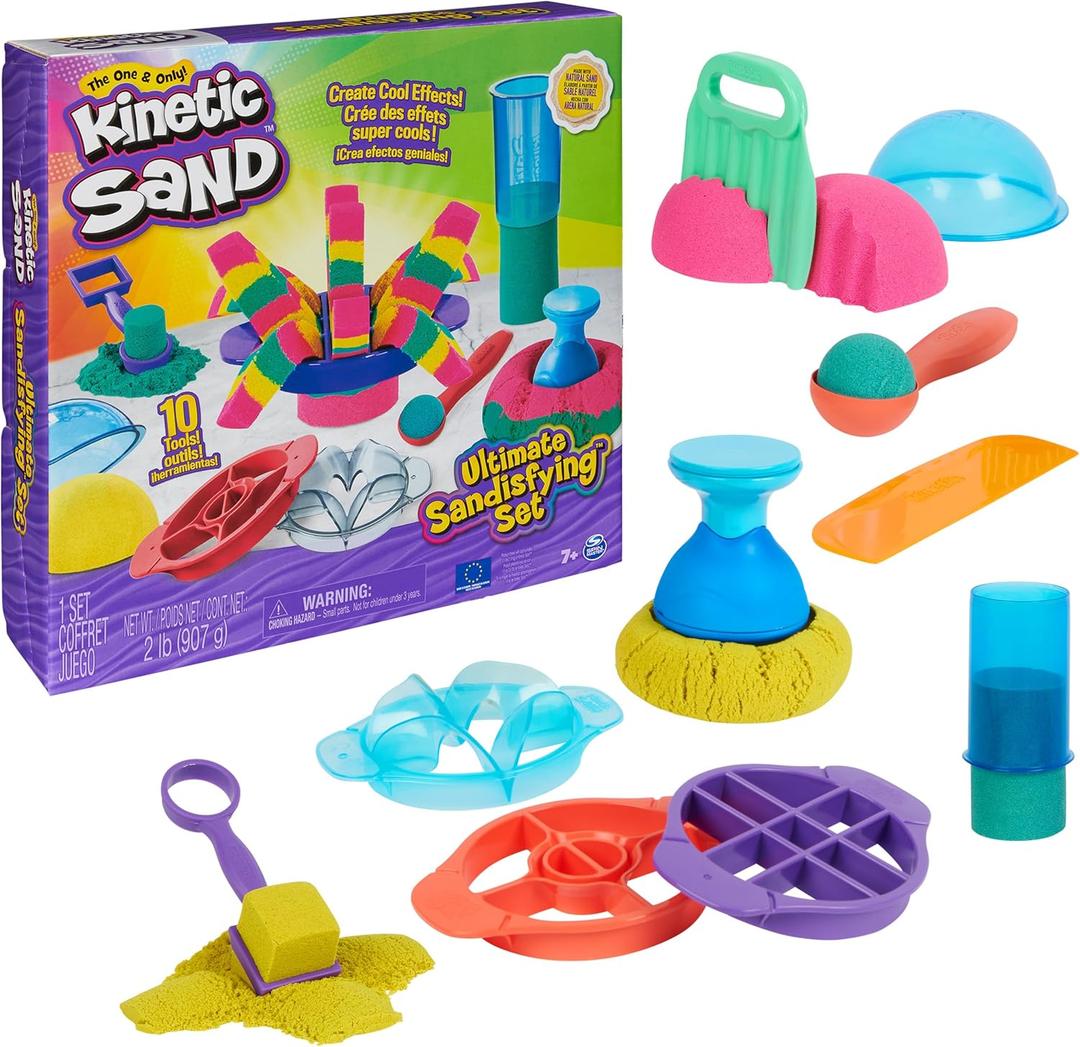 Kinetic Sand, Ultimate Sandisfying Set with 2lbs Play Sand (Pink, Yellow & Teal), 10 Tools & Molds, Sensory Toys for Kids Ages 7 and up