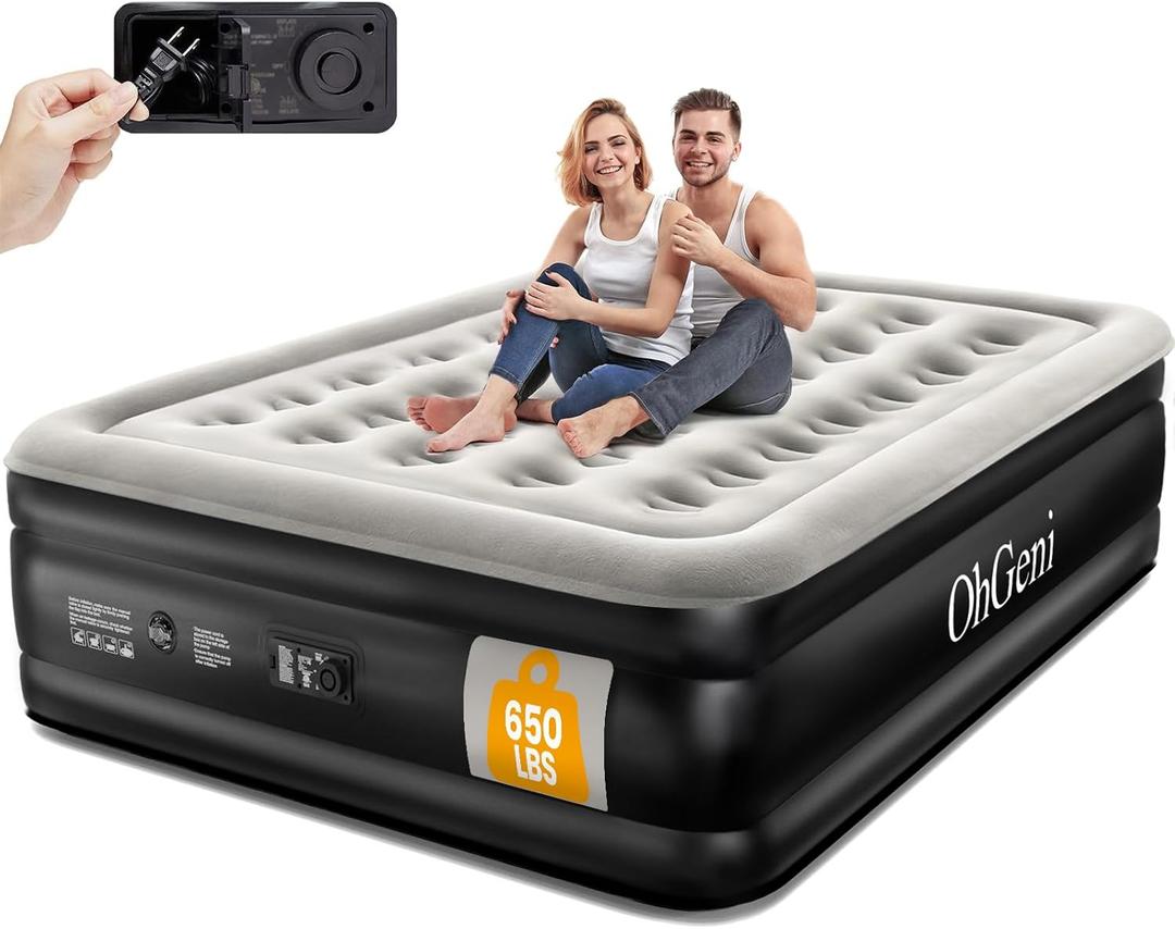 OhGeni Queen Air Mattress with Built in Pump, Inflatable Blow Up Mattress 18 Raised Comfort,Upgraded Surface Portable Mattress, Air Bed for Camping, Home and Guest, Colchone Inflable, 650 lbs Max (Black)