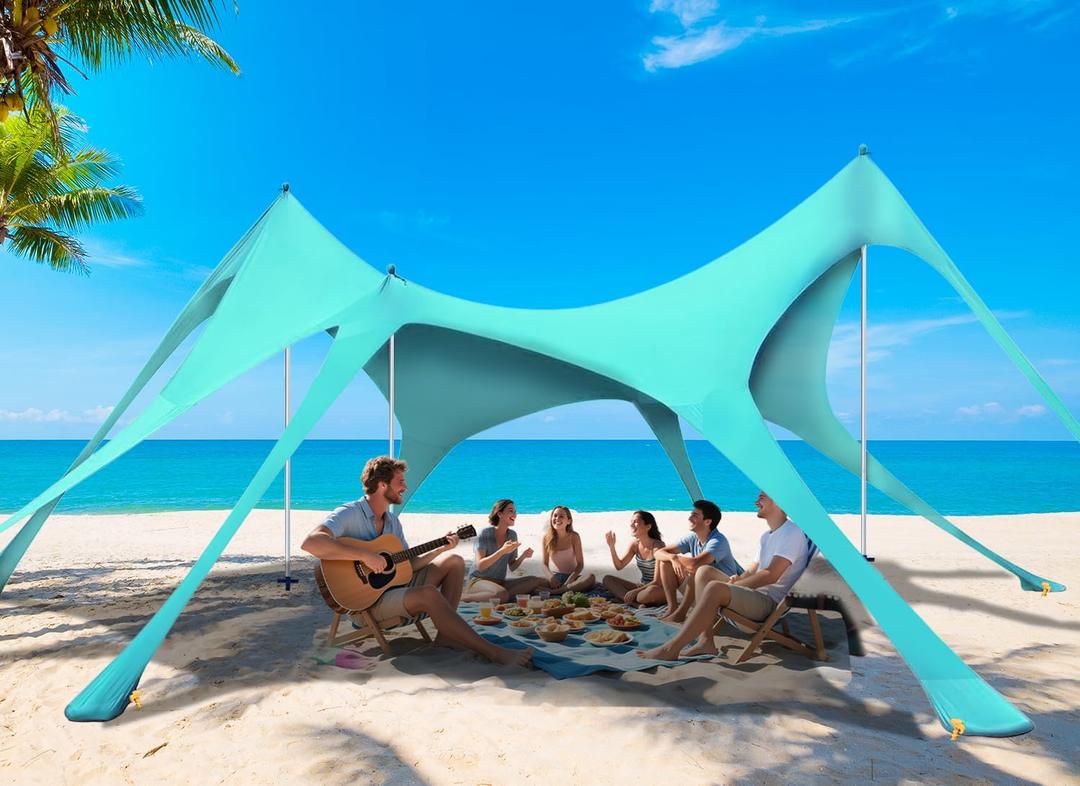 Beach Tent Sun Shelter & Portable Beach Canopy UPF50+ Uv Protection, Beach Shade Canopy/Cabana with 8 Sandbags, 4 Stability Poles, Sand Shovel Ground Pegs for Outdoor Camping