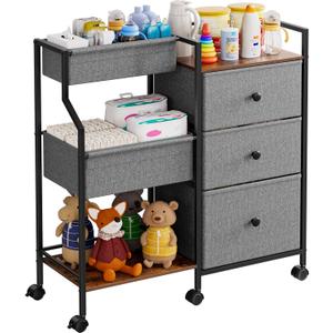 Modanais Baby Diaper Caddy Organizer Cart - 3 Tier Rolling Cart with Dividers and Drawers, Easy To Assemble, Mobile Utility Cart with Wheels for Nursery, Bedroom, Changing Table & Crib