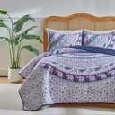 Boho Quilt Set King Size - Reversible Summer Bohemian Quilt Bedding Set, 3 Pieces Colorful Lightweight Microfiber Bedspread Purple Elephant Paisley Circle Coverlet Set with Pillow Shams for Hot Day, King 102*90
