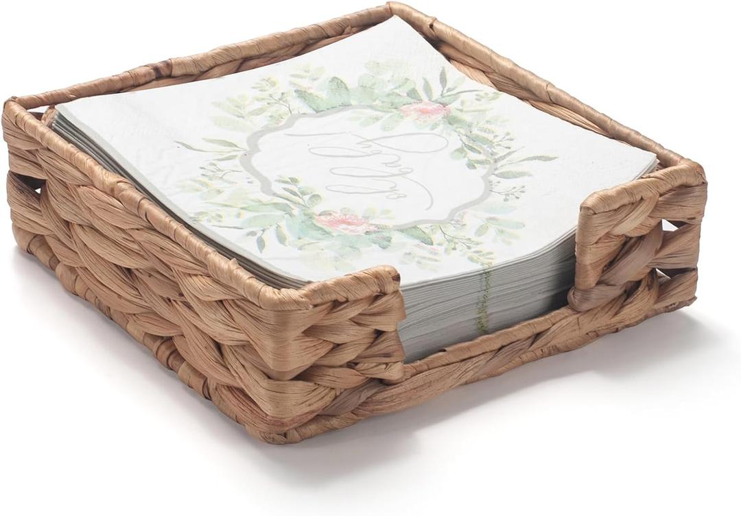 Water Hyacinth Bathroom Napkin Holder Tray Flat Napkin Basket for Table Wicker Guest Towel Holder Square 7.5" x 7.5" x 2.4"