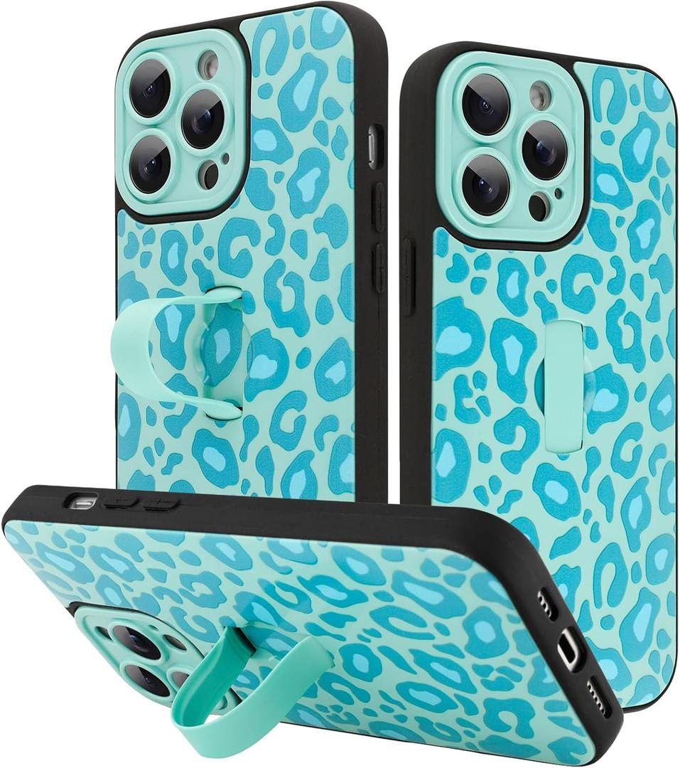 KANGHAR for iPhone 14 Pro Max Case Blue Leopard Print Pattern Cute Cheetah Wristband Stand Phone Cover for Women Girls Men Shockproof Slim Protective Cover for iPhone 14 Pro Max 6.7 Inch