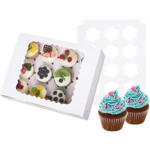 6-Set Cupcake Boxes Hold 12 Standard Cupcakes, Food Grade Cupcake Holders Bakery Carrier Boxes with Windows and Inserts for Cupcakes, Muffins and Pastries (White-6 Pack)