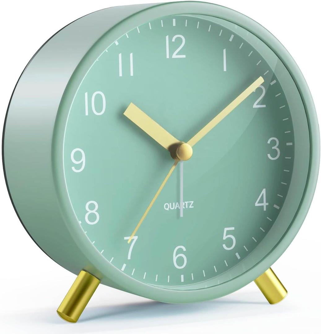 Analog Alarm Clock, Super Silent Non Ticking with Night Light, Battery Operated, Bedroom Clock,Fashionable Round Metal Alarm Clock for Office, Elderly, Adults, Children, School Gift (Green)