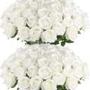 Hananona 50 Pcs Artificial Roses in Bulk, Fake Velvet Silk White Roses Realistic White Roses for Wedding Centerpieces Flower Arrangement Home Decor (50, White)