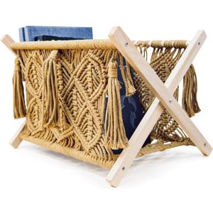 Macrame Magazine Rack - Boho Home Decor Storage Holder - Standing Basket, Standard Large Size, 14.17"×10.2"×10.2 (Latte Tassels)