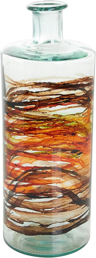 2 PCS Deco 79 Recycled Glass Decorative Vase Abstract Spanish Bottle Centerpiece Vase with Swirled Colored Glass Bands, Flower Vase for Home Decoration 6" x 6" x 16", Clear