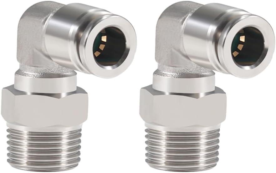 2Pcs 304 Stainless Steel Male Elbow 1/4" Tube OD x 1/4" NPT Thread Push to Connect Air Fittings,90 Degree Push Lock Pneumatic Connector for Air Compressor Air Horn