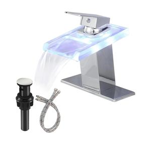 LED Bathroom Faucet, Bathroom Sink Faucet 1 Hole, Waterfall Spout Single Handle Bath Vanity with Pop Up Drain Parts Mixer Tap Open Water Spout Polish Chrome