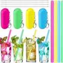 Meanplan 4 Sets Cruise Ship Essentials,4 Set Silicone Straws with Case Reusable Silicone Portable Drinking Straw Set for Party Travel Cold or Hot with 4 Carry Case, 4 Cleaning Brushes (Neon Colors)