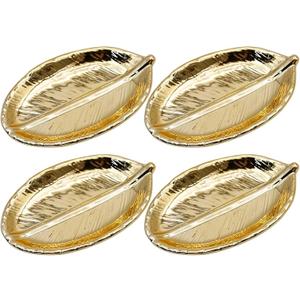4 Pieces Golden Leaf Jewelry Tray Earring Necklace Bracelet Keys Storage Dish Ceramic Clay Decorative Trays