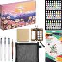 Mini Travel Watercolor Paint Set, AllInOne Portable Pocket Paint Kit with Walnut Wood Palette, 24 Watercolor Colors, 3 Water Brushes, Chinese Calligraphy Brush, Sketchbook and Organizer Pouch, Gift for Beginners and Art Lovers