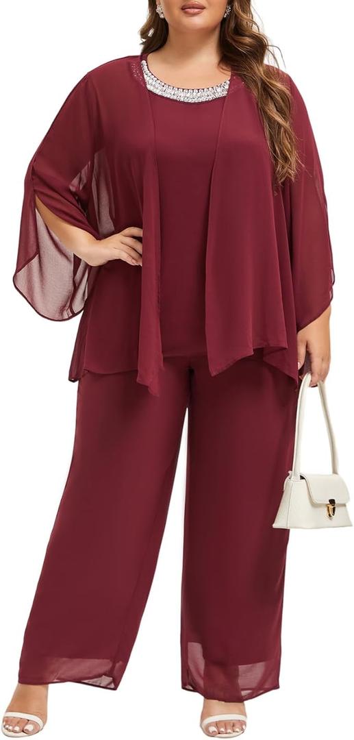 Mother of Bride Pant Suits 3 Piece Chiffon Sets Hand Sewn Diamonds Wedding Guest Outfit Size 8