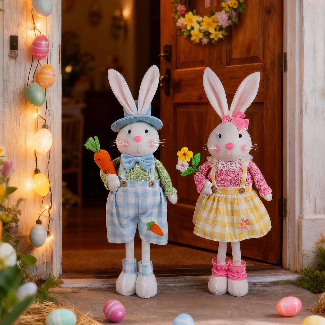 Juegoal 2 Pack Easter Decorations Standing Bunny with Stretchable Legs, 23" to 32" Handmade Easter Rabbit Couple Statues, Cute Photo Props Gifts for Office Kitchen Farmhouse Spring Home