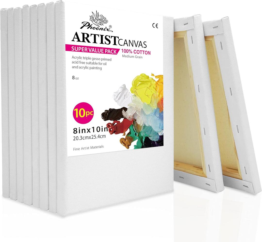 PHOENIX Stretched Canvas for Painting 8x10 Inch/10 Value Pack, 8 Oz Triple Primed 5/8 Inch Profile 100% Cotton White Blank Canvas, Artist Framed Canvas for Oil Acrylic & Pouring Art
