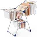 Sakugi Clothes Drying Rack with Height-Adjustable Wings, Metal Foldable Laundry Dryer Stand for Clothing & Bedding, Free-Standing Collapsible for Indoor & Outdoor Use, 55.5" L × 22.8" W, Silver Blue