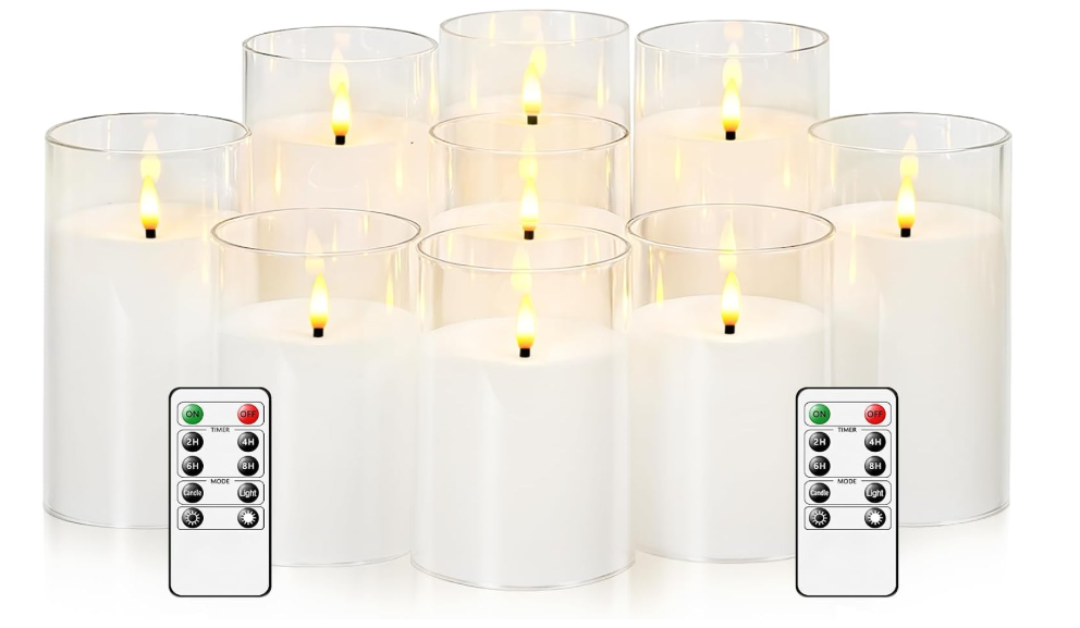 kakoya Flickering Flameless Candles Battery Operated with Remote and 2/4/6/8 H Timer Acrylic Led Pillar Candles Pack of 9 (D 3" xH 4" 5" 6") with Realistic 3D Wick Candles for Home Decor(White)