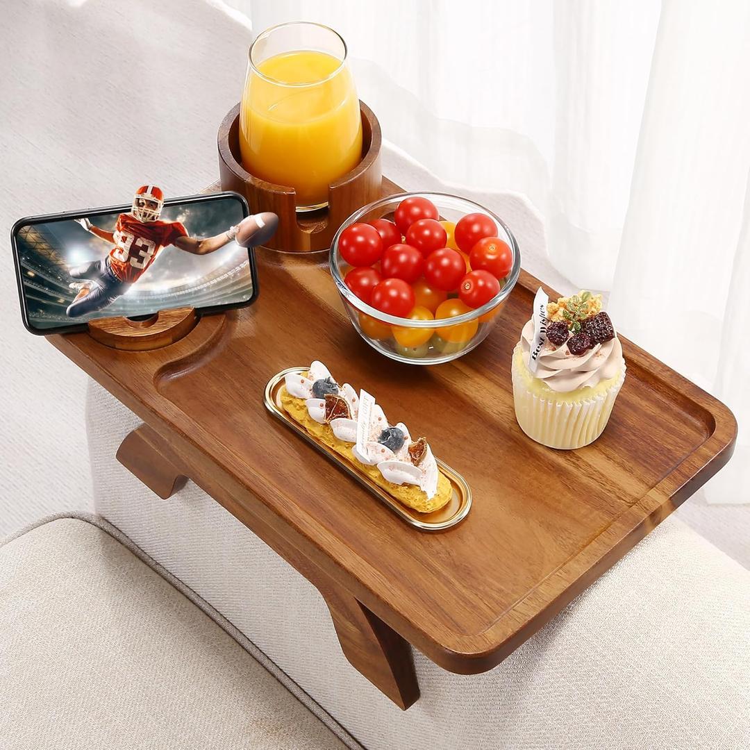 Couch Armrest Table Acacia with 360Rotating Phone & Cup Holders,15.4" x 9.8", 3-in-1 Couch Arm Tray Clip-On Couch Tray for Drinks & Snacks