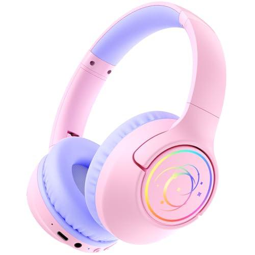 Kids Bluetooth Headphones, 85H Playtime Wireless Headphones for Kids, Colorful LED Lights, 85/94dB Safe Volume Limit, Bluetooth 5.4 Built-in Mic Toddler Headset for Tablet/Airplane/Travel (Pink)