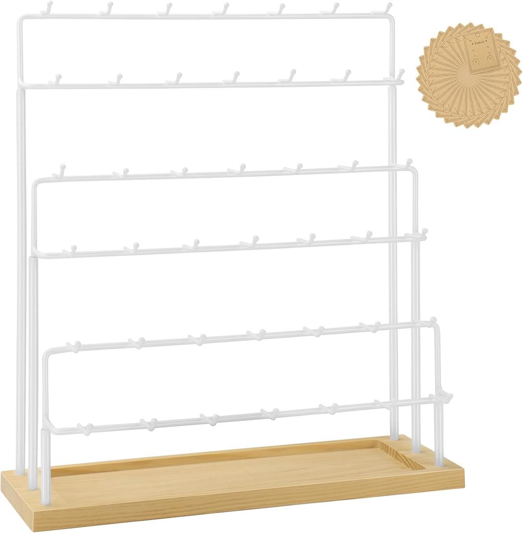 Earring Display for Vendors 6 Tier 42 Hooks Wood Earring Display Rack Holder for Earings Necklaces Rings Bracelets Keychains (White)