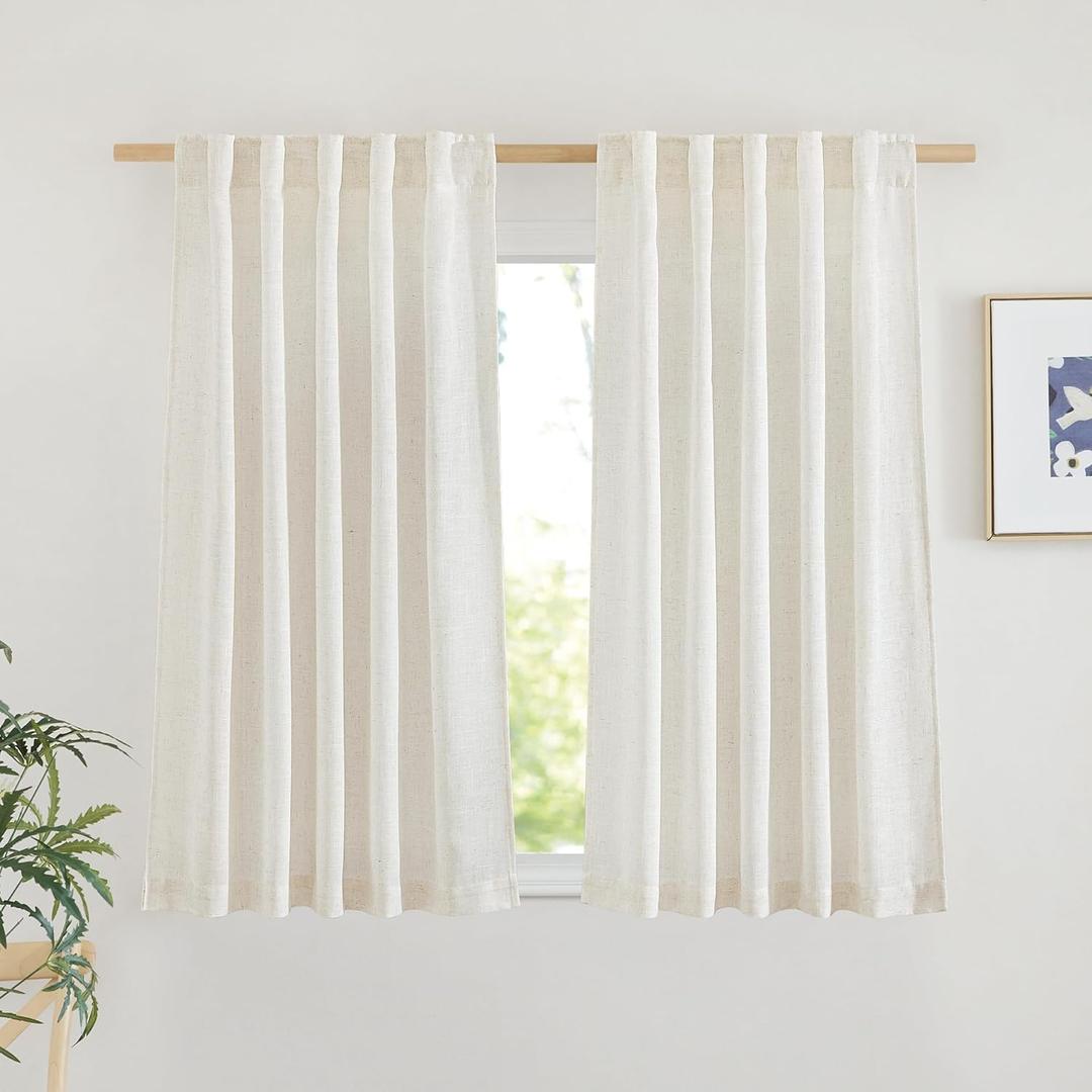 NICETOWN Linen Curtains 48 inches Long, Rod Pocket & Back Tab Flax Linen Weave Window Treatments Privacy with Light Filtering for Bedroom/Farmhouse, Natural, W42 x L48, 2 Panels