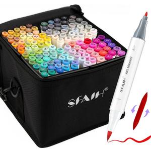 SFAIH Alcohol Markers Brush & Fine - 121 Colors Double Tipped Art Markers for Adult Coloring Illustration, Gifts for Artist Adult - Adjustable Shoulder Strap & Faux Leather Lining & Outer Zip Pocket